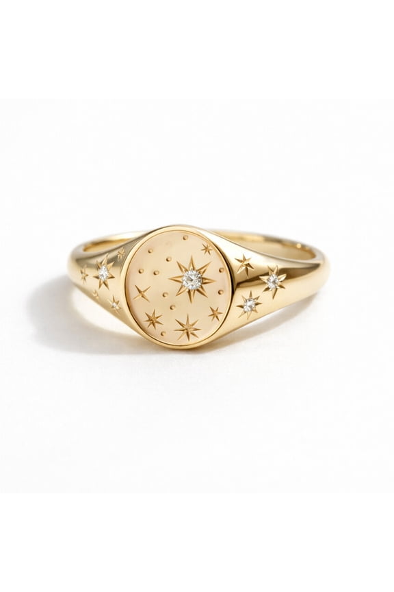 Diamond Celestial Signet Ring, Star Moon Dome Ring, Family Crest Galaxy Ring, Handmade Jewelry, April Birthstone Ring, Statement Ring, Gift For Men's