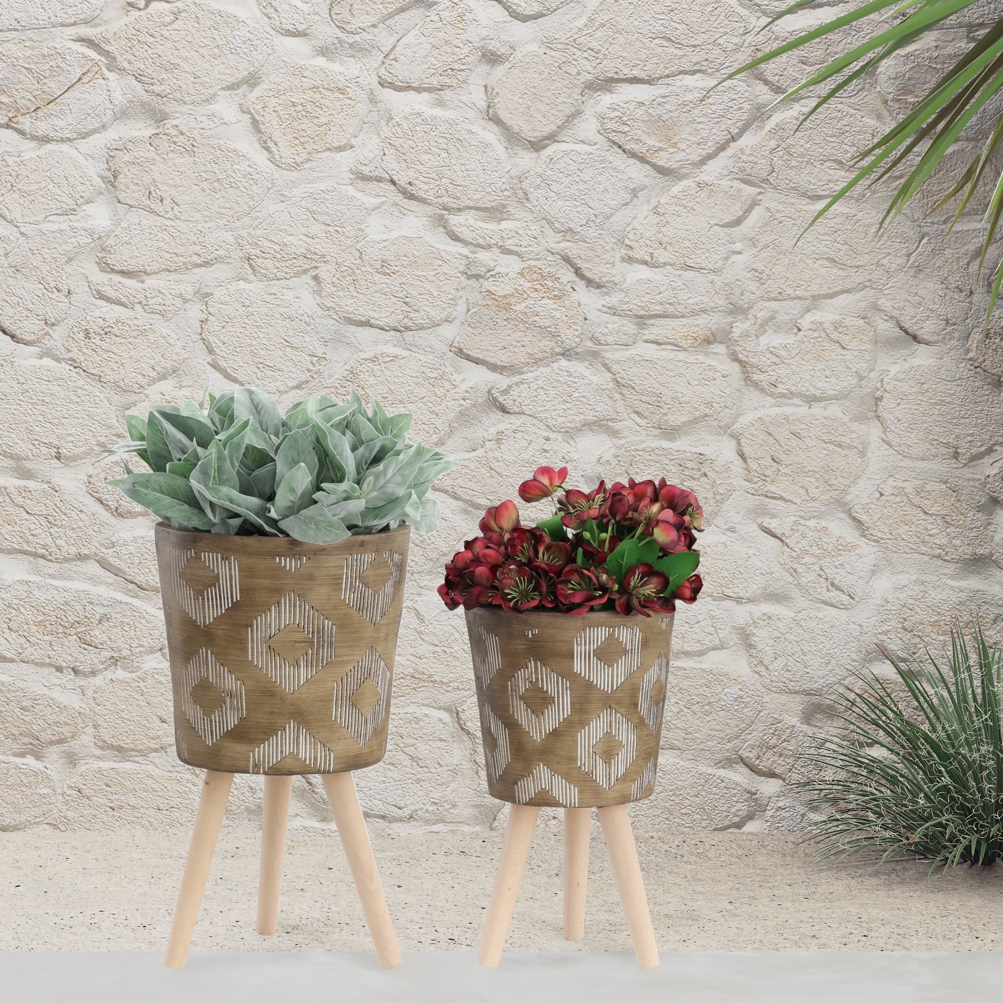 Diamond Ceramic Planters with Wood Legs - Set of 2 - 22.0 - Elevate ...