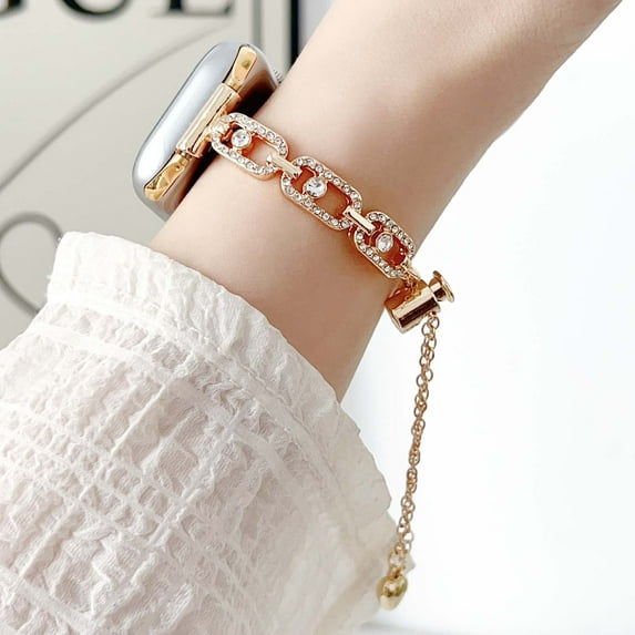 Diamond Chain Watch Band Compatible for Apple Watch Bands 42mm 41mm 40mm 38mm, Dressy Slim Metal Strap Adjustable with Rhinestone for iWatch Band Series 10 9 8 7 6 5 4 SE 3 2 1, Gold