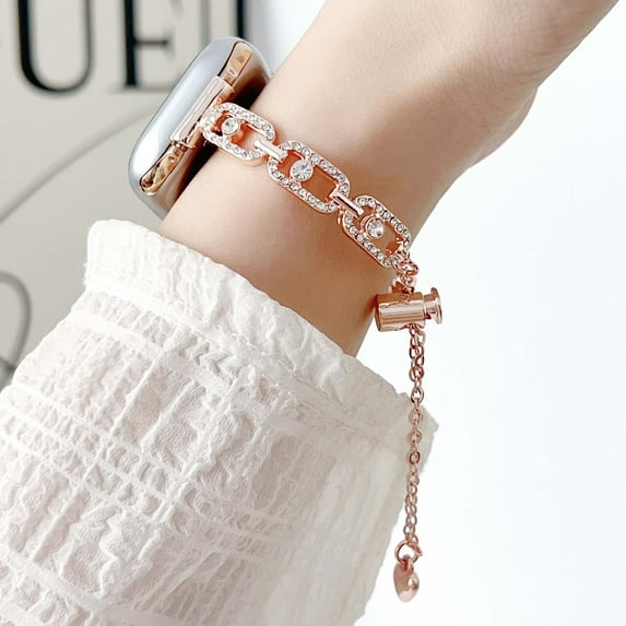Diamond Chain Watch Band Compatible for Apple Watch Bands 42mm 41mm 40mm 38mm, Dressy Slim Metal Strap Adjustable with Rhinestone for iWatch Band Series 10 9 8 7 6 5 4 SE 3 2 1, Rosegold