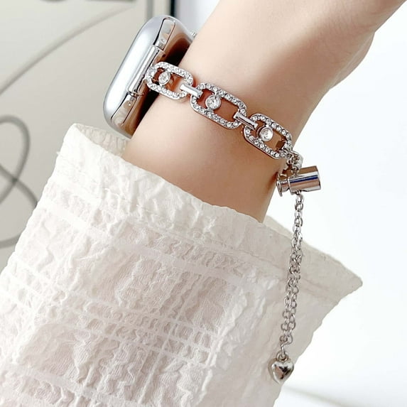 Diamond Chain Watch Band Compatible for Apple Watch Bands 42mm 41mm 40mm 38mm, Dressy Slim Metal Strap Adjustable with Rhinestone for iWatch Band Series 10 9 8 7 6 5 4 SE 3 2 1, Silver