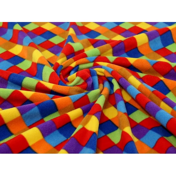 Diamond Check Print Anti Pill Polar Fleece Fabric Red Multi - per yard
