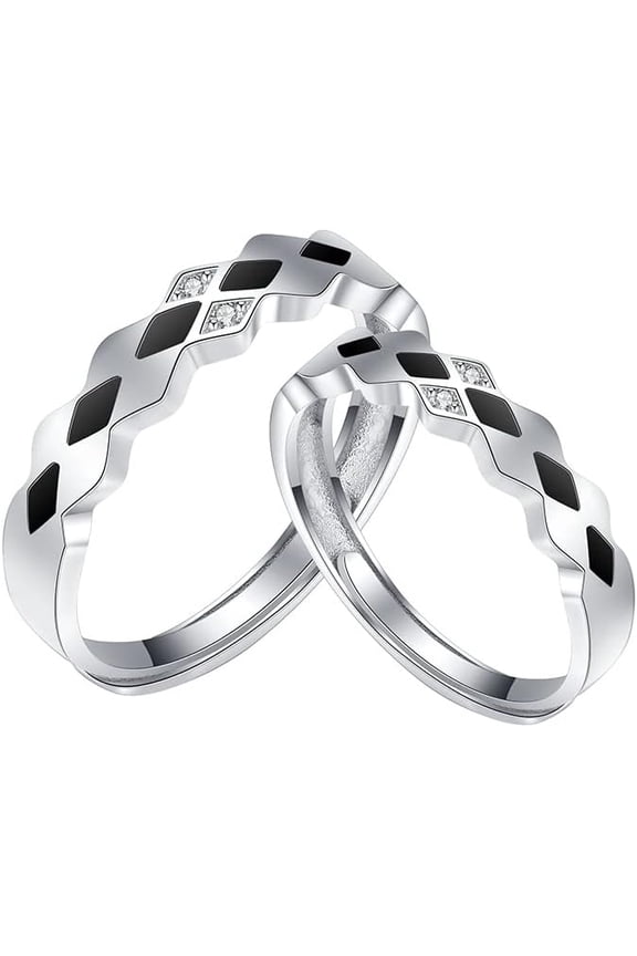 Diamond Checkered Matching Ring S925 Sterling Silver Engagement Wedding Promise Rings Couples Band Adjustable for Women Men Crystal Jewelry Valentines Day Anniversary Love Gift