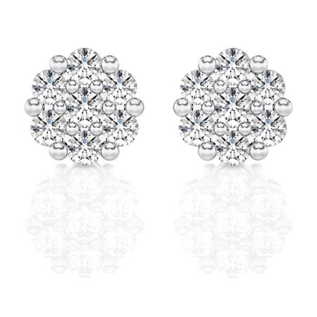 Diamond Club 2 Carat Lab Grown Diamond Stud Earrings in 14K White Gold – Round Cluster Floral Design (VS1 Clarity, F-G Color)