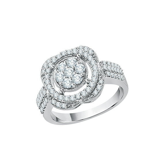 Diamond Cluster Engagement Ring in Sterling Silver (3/4 cttw) (I-Color, SI3-I1 Clarity) (Size-9.5)
