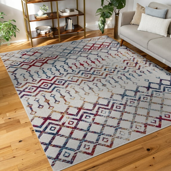 Diamond Contemporary 3' x 5' Cream and Multi-Color Polypropylene Indoor Area Rug