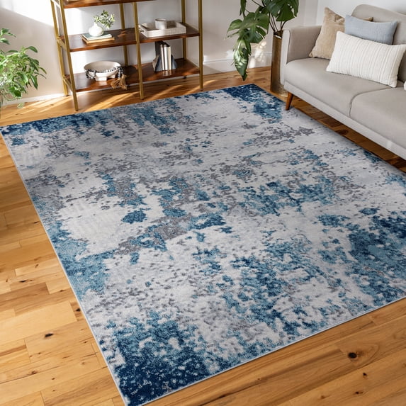 Diamond Contemporary 4' x 5' Blue and Cream Polypropylene Indoor Area Rug