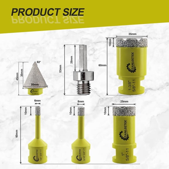 Diamond Core Drill Bits Set - 6pcs (6/8/25/35mm+35mm Beveling Chamfer Bit+Hex Adapter)  Hole Saw Kit for Ceramic Tile Porcelain Marble Granite 5/8"-11 Thread