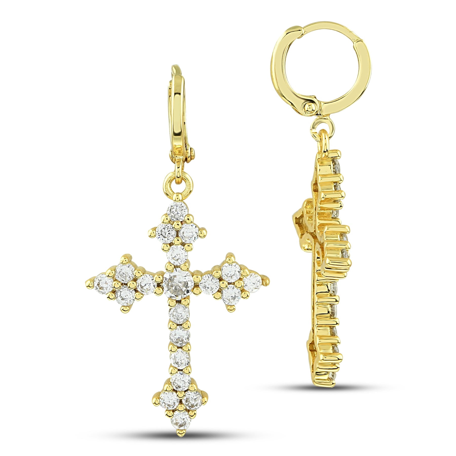 Diamond Cross Dangle Earrings - 14K Gold Plated Cubic Zirconia Crystal Earrings - Cross Earrings, CZ Hoop Huggies, Christian Jewelry for Women, Dangling Cross Huggies