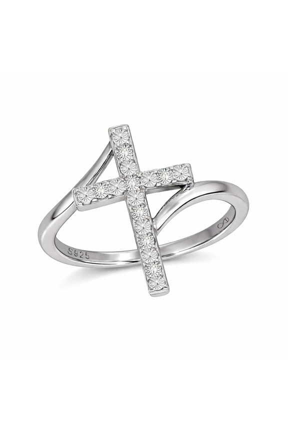 Diamond Cross Ring for Women in 925 Sterling Silver, Women's Vertical Cross Ring with Bypass Band and Accented with Round White Diamonds, Silver Religious Ring