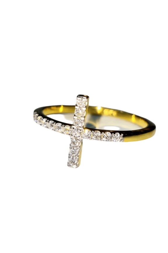 Diamond Cross Round Cut Simulated Diamond Unisex Engagement Ring 14K Yellow Gold Plated 925 Sterling Silver For Wedding Special Occasion