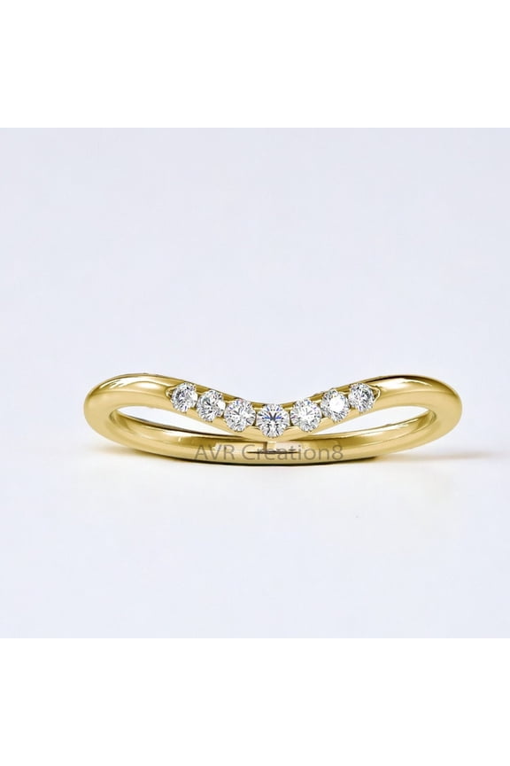 Diamond Curved "V" Shape Wedding Ring, 14K Yellow Gold Plated Minimalist Stackable Band for Women