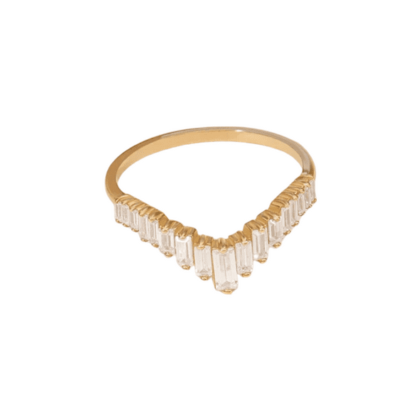 Diamond Curved Wedding Band in 14K Yellow Gold Finish- Baguette Ring Women's- Dainty V Shape Enhancer