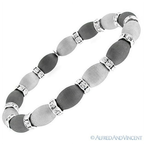 Diamond-Cut Bead & CZ Crystal Rondelle Stretch Bracelet in 2-Tone .925 Sterling Silver
