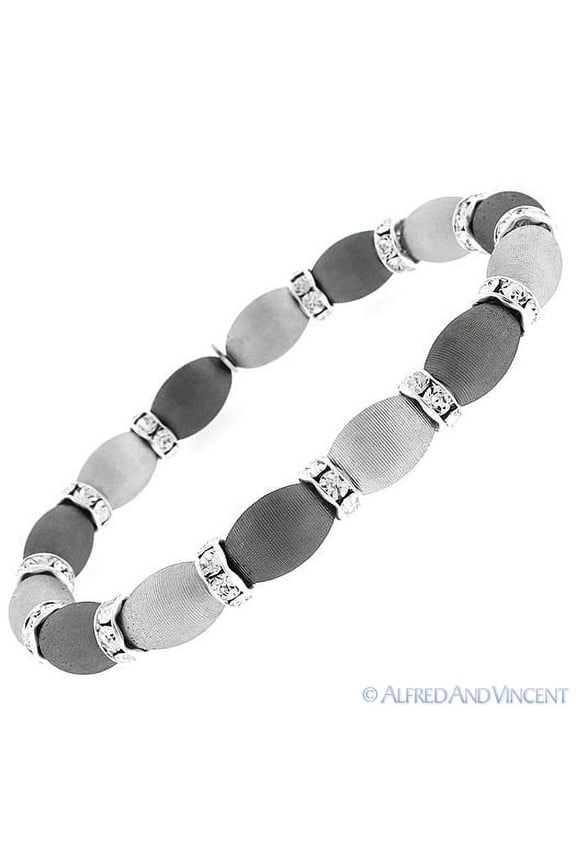 Diamond-Cut Bead & CZ Crystal Rondelle Stretch Bracelet in 2-Tone .925 Sterling Silver