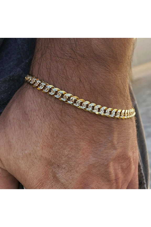 Diamond Cut Bracelet 14K Gold Plated On Solid 925 Silver 2 Tone Cuban 8.5" x 6MM Thick