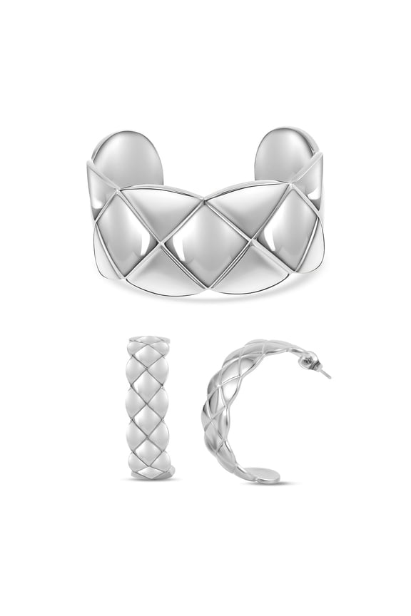 Diamond-Cut Cuff Bangle Bracelets for Women (7 In) and Half Hoop Earrings Set Stainless Steel Jewelry Sets Birthday Christmas Gifts