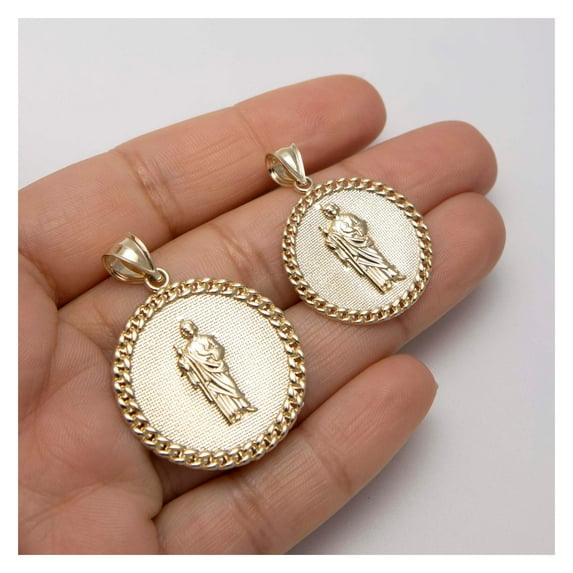 Diamond-Cut Curb Link Saint Jude Medallion Pendant Unisex Adult 10K Yellow Gold, All Sizes - Goldum NYC