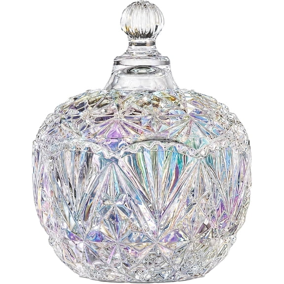 Diamond Cut Glass Cookie Jar with Lid, Decorative Covered Candy Dish for Sweets, Snacks, Jewelry and Vanity Storage, Elegant Glass Container for Home, Dresser and Buffet Table (Colorful)
