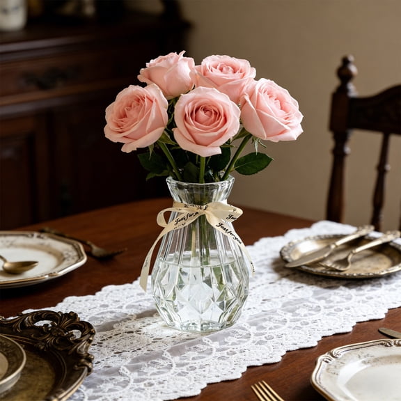 Diamond Cut Glass Vase with Ribbon, Clear Transparent Flower Vase for Fresh Artificial Flowers, Hydroponic Plant Container for Home Decor, 5.91x3.54 Inch