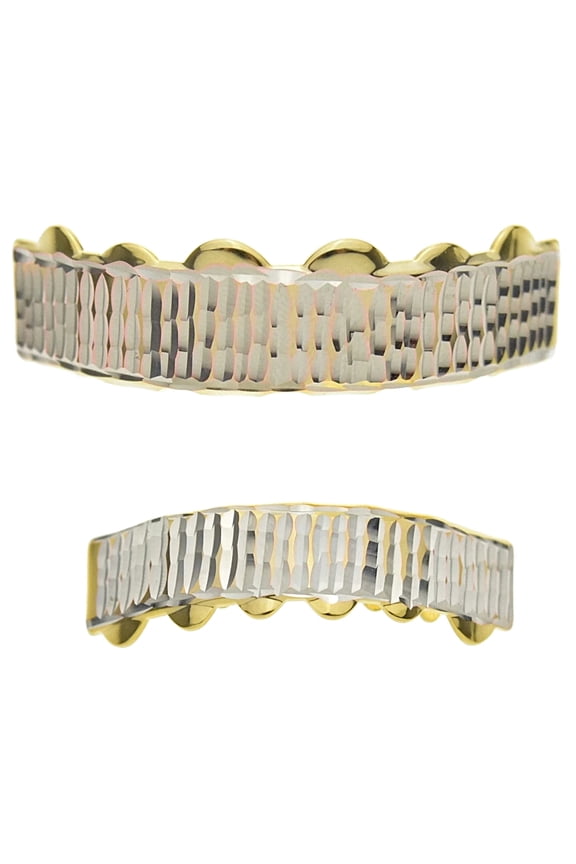 Diamond-Cut Grillz 14K Gold Plated And Silver Tone Cut Teeth Grill Set Hip Hop Grills Set