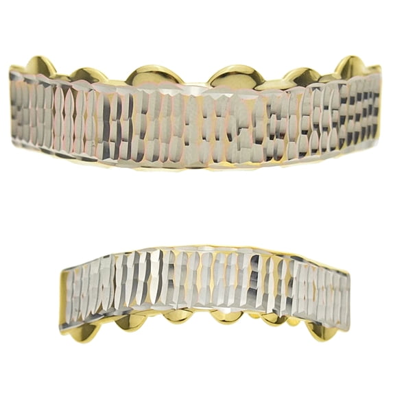Diamond-Cut Grillz 14K Gold Plated And Silver Tone Cut Teeth Grill Set Hip Hop Grills Set