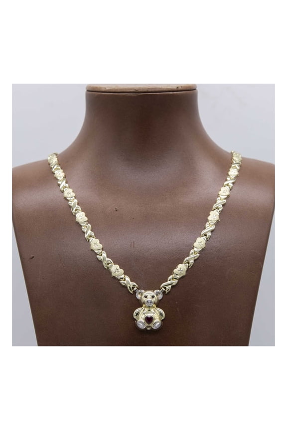 Diamond-Cut Heart & Kisses Teddy Bear Womens Adult Necklace 10K Two-Tone Gold,13.36 Gr Goldum NYC