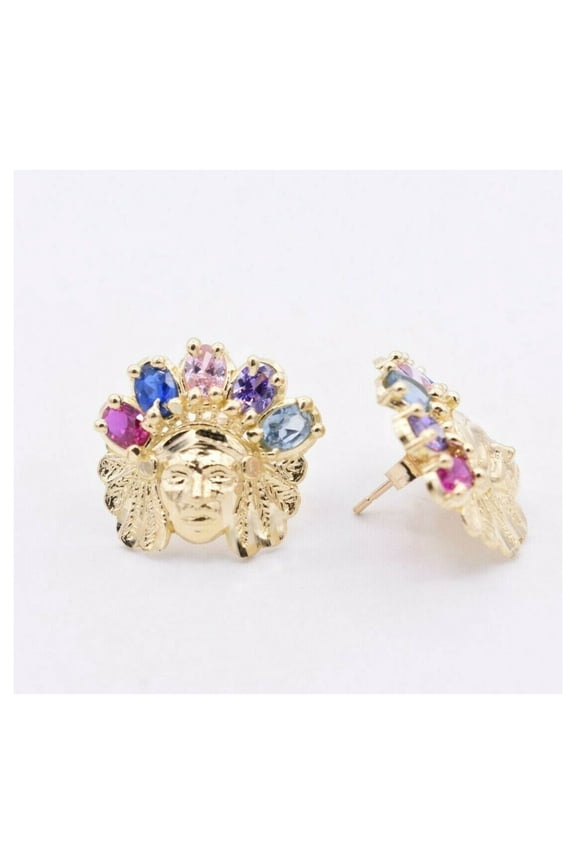 Diamond-Cut Indian Chief Rainbow Stud Unisex Adult Earrings10K Yellow Gold,2.70 Gr Goldum NYC
