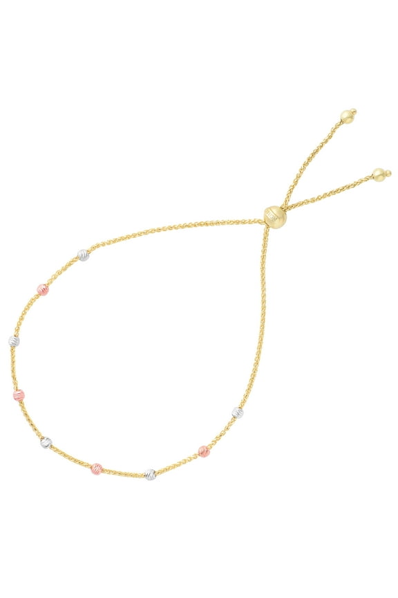 Diamond Cut Multi Color Round Bead Station Bolo Friendship Adjustable Bracelet In 14K Gold, 9.25"