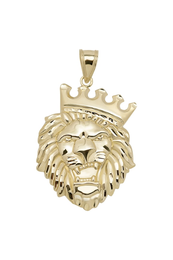 Diamond-Cut Roaring Lion Head Crown Pendant Unisex Adult 10K Yellow Gold, All Sizes - GOLDUM NYC
