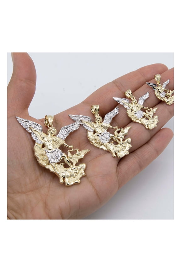 Diamond-Cut Saint Michael Archangel and the Devil Pendant Unisex Adult 10K Yellow White Gold, All Sizes - Goldum NYC