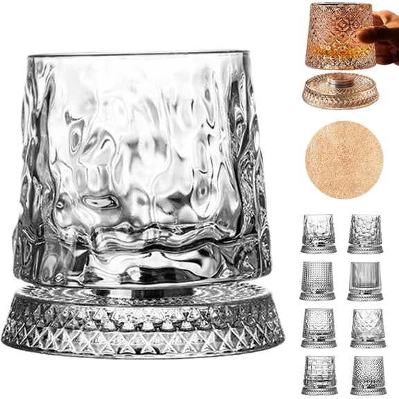 Diamond Cut Spinning Glass, Luxury 360 Degree Rotating Whiskey Glass, 3.94x3.46in Spinning Crystal Wine Glasses, Old Fashioned Tumbler for Home Bar