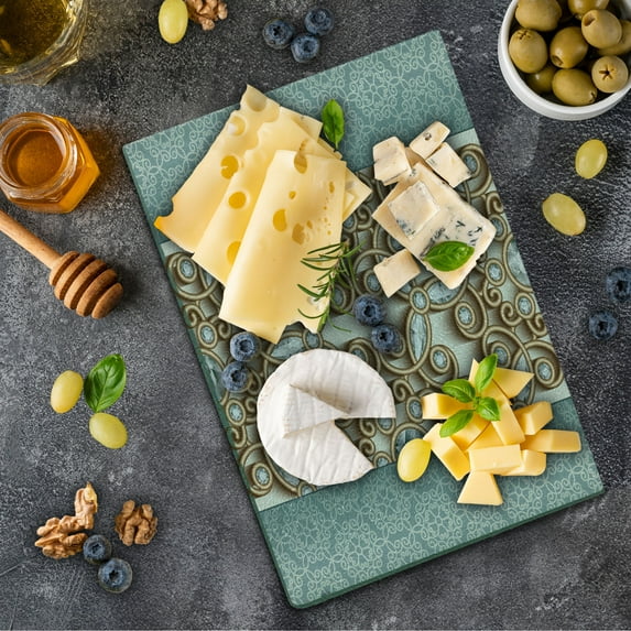 Diamond Cutting Board, Vintage Swirling Lines Ornament with Diamonds over Damask Retro Style Boho Print, Decorative Tempered Glass Cutting and Serving Board, Small Size, Tan Teal, by Ambesonne