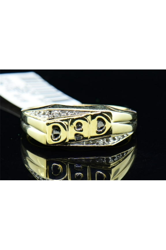 Diamond DAD Pinky Ring Men's 10K Yellow Gold Round Fashion Black Enamel Band