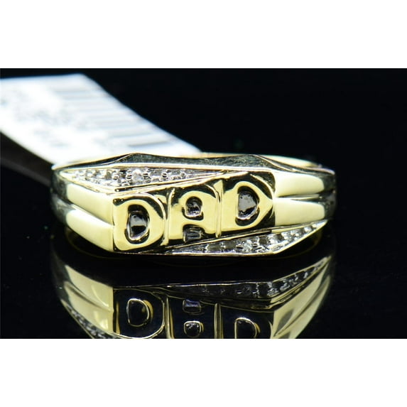 Diamond DAD Pinky Ring Men's 10K Yellow Gold Round Fashion Black Enamel Band
