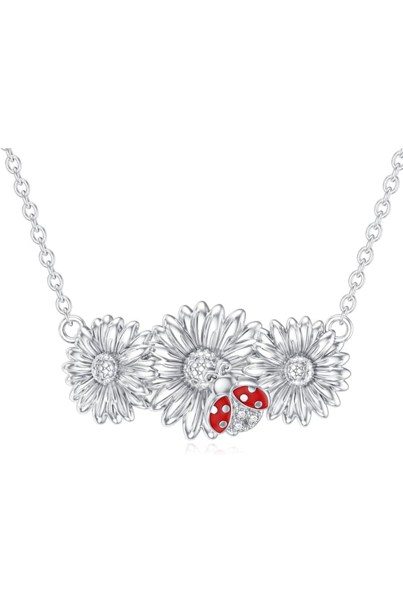 Diamond Daisy Ladybug Necklace for Women 925 Sterling Silver Daisy Pendant Necklace Gifts for Women Diamond Jewelry for Birthday Mother's Day Valentine's Day