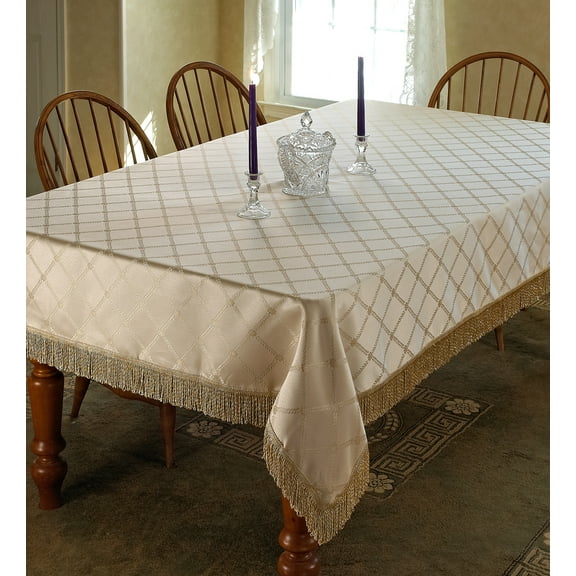 Diamond Damask Design Fringes Tablecloth Beige 60" Round