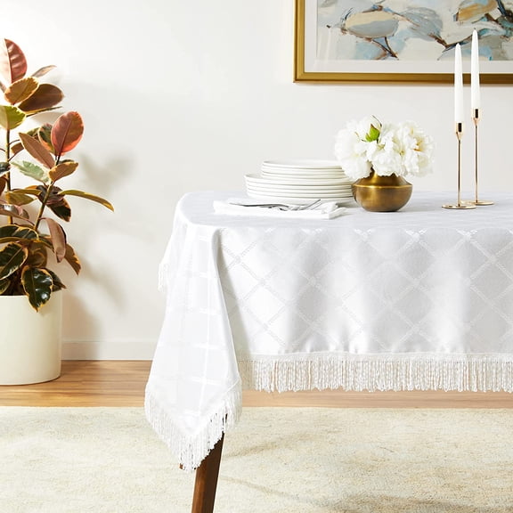 Diamond Damask Design Fringes Tablecloth White 60" by 102" Oblong / Rectangle