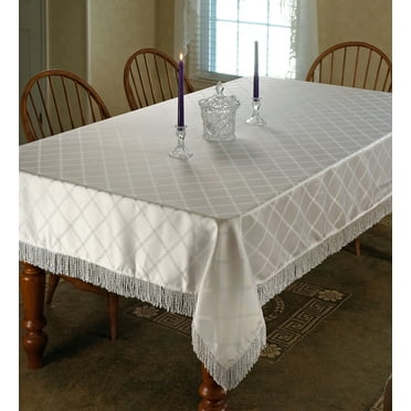 Diamond Damask Design Fringes Tablecloth White 60" by 140" Oblong / Rectangle