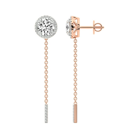 Diamond Dangle Earring | 10 Carat IGI Certified Round Shape Lab Grown Diamond Dangle | 18K in Rose Gold | Ivalyn Halo Lab Diamond Earrings | FG-VS1-VS2 Quality | Friendly Diamonds