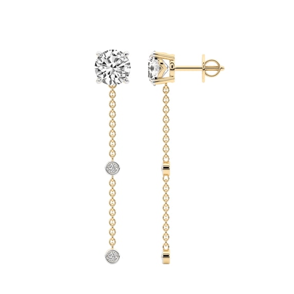 Diamond Dangle Earring | 10 Carat IGI Certified Round Shape Lab Grown Diamond Earrings | 18K in Yellow Gold | Mirielle Station Lab Diamond Earrings | FG-VS1-VS2 Quality | Friendly Diamonds