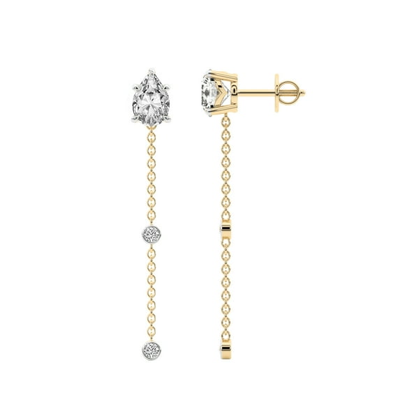 Diamond Dangle Earring | 2 Carat IGI Certified Pear Shape Lab Grown Diamond Earrings | 14K in Yellow Gold | Mirielle Station Lab Diamond Earrings | FG-VS1-VS2 Quality | Friendly Diamonds