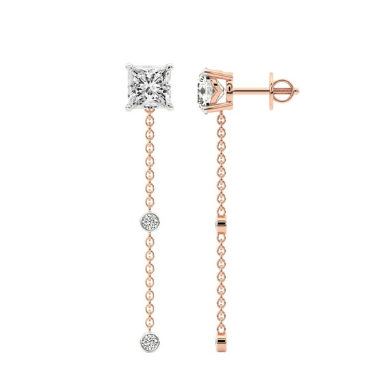 Diamond Dangle Earring | 2 Carat IGI Certified Princess Shape Lab Grown Diamond Earrings | 14K in Rose Gold | Mirielle Station Lab Diamond Earrings | FG-VS1-VS2 Quality | Friendly Diamonds