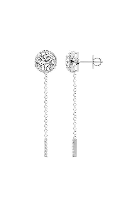 Diamond Dangle Earring | 2 Carat IGI Certified Round Shape Lab Grown Diamond Dangle | 14K in White Gold | Ivalyn Halo Lab Diamond Earrings | FG-VS1-VS2 Quality | Friendly Diamonds