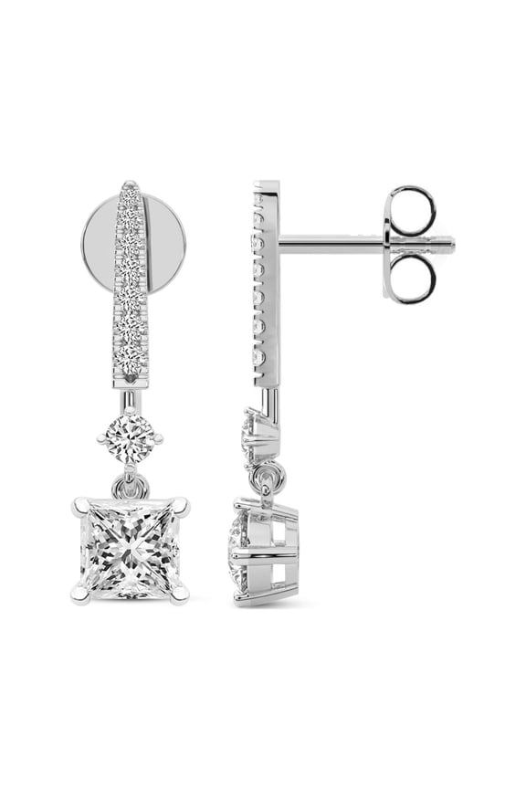Diamond Dangle Earring | 2 Ct IGI Certified Princess Shape Lab Grown Diamond | 14K White Gold | Tatiana Dangling Solitaire Lab Diamond Earring | Prong Setting | FG-VS1-VS2 Quality | Friendly Diamonds