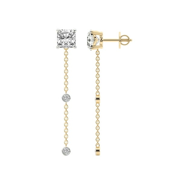 Diamond Dangle Earring | 3 Carat IGI Certified Cushion Shape Lab Grown Diamond Earrings | 18K in Yellow Gold | Mirielle Station Lab Diamond Earrings | FG-VS1-VS2 Quality | Friendly Diamonds