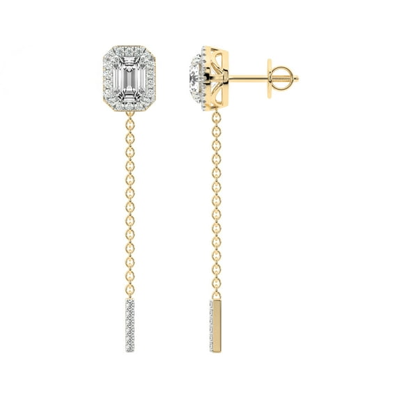 Diamond Dangle Earring | 3 Carat IGI Certified Emerald Shape Lab Grown Diamond Dangle | 18K in Yellow Gold | Ivalyn Halo Lab Diamond Earrings | FG-VS1-VS2 Quality | Friendly Diamonds
