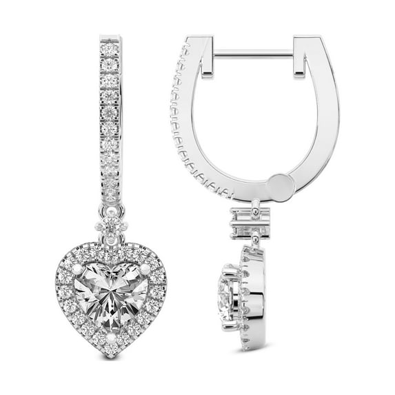 Diamond Dangle Earring | 3 Carat IGI Certified Heart Shape Lab Grown Diamond Dangle | 14K in White Gold | Lyra Halo Lab Diamond Earrings | Prong Setting | FG-VS1-VS2 Quality | Friendly Diamonds