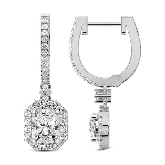 Diamond Dangle Earring | 3 Carat IGI Certified Radiant Shape Lab Grown Diamond Dangle | 14K in White Gold | Lyra Halo Lab Diamond Earrings | Prong Setting | FG-VS1-VS2 Quality | Friendly Diamonds