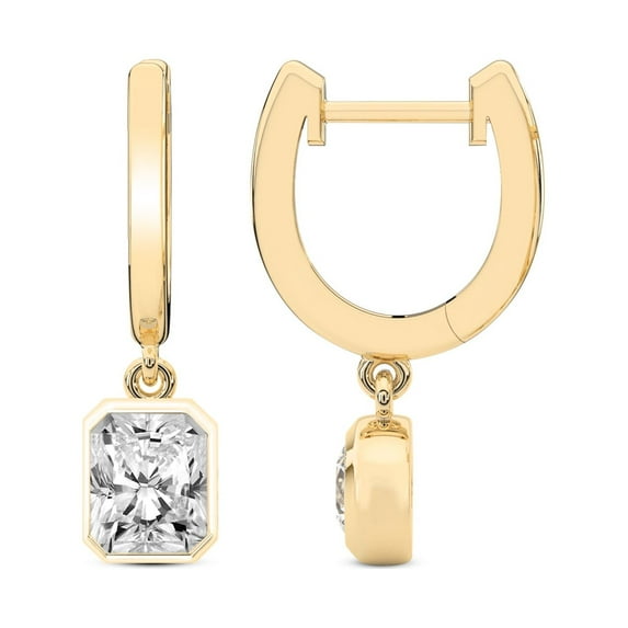Diamond Dangle Earring | 3 Carat IGI Certified Radiant Shape Lab Grown Diamond Dangle | 14K in Yellow Gold | Zuri Bezel Lab Diamond Earrings | Bezel Setting | FG-VS1-VS2 Quality | Friendly Diamonds
